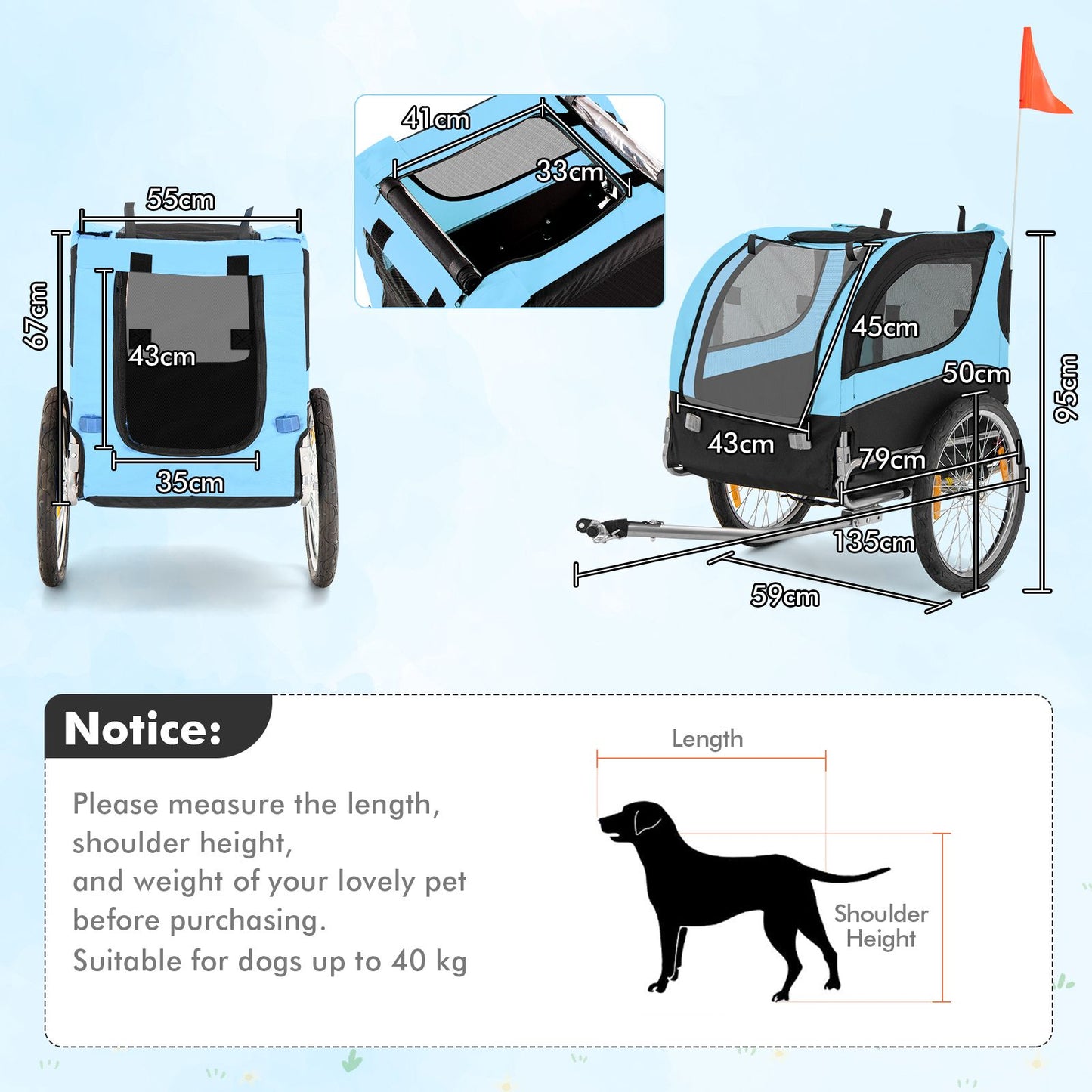 Folding Pet Bike Trailer with 3 Zippered Doors and 8 Reflectors