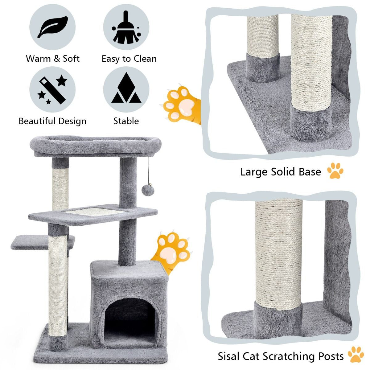 4-Layer Cat Tree with Scratching Posts Cat Condo Dangling Ball