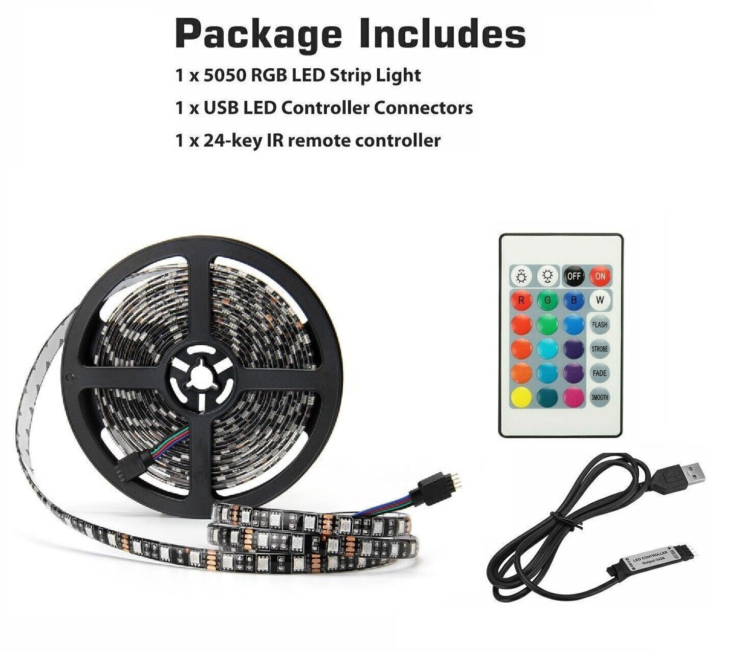 USB LED Strip Lights 5050 RGB Colour Changing Tape TV Kitchen Lighting 1-5M